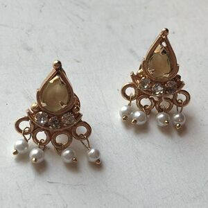 Gold tone citrus yellow teardrop shaped faux pearl and rhinestone drop earrings